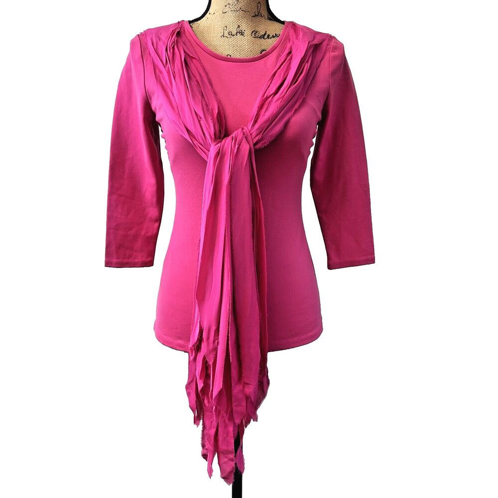 ICB WOMEN'S PINK FUSCHIA BLOUSE TOP T-SHIRT WITH MULTI-FRINGE SCARF TIE Sz S/M